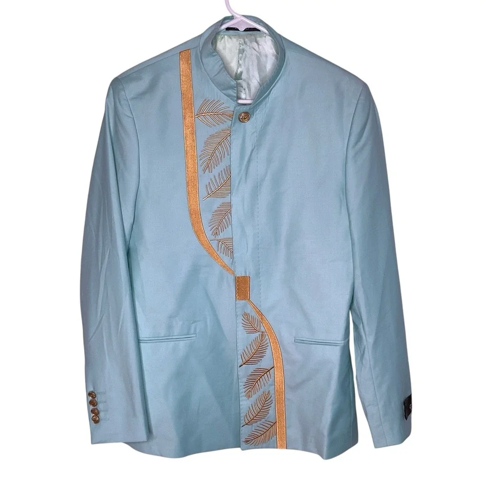 Fonte Mint Green Wool Blazer Mens Size 48 Gold‎ Embroidery Mandarin Stand Collar